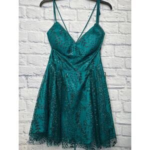 Blondie Nights Teal Green Sequined Fit & Flare Formal Dress Size JR 11 NEW W TAG